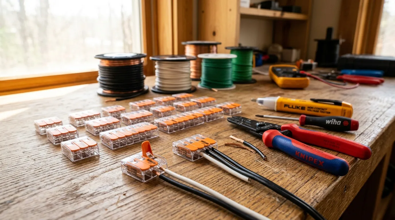 Outils électriques et fils de câblage organisés sur établi