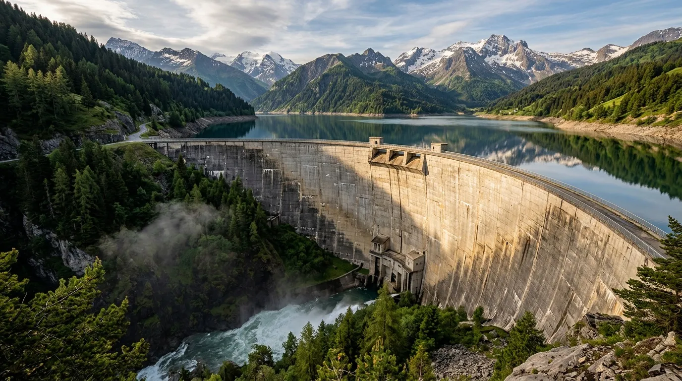 Grand barrage en béton retenant un lac de montagne entouré de forêts