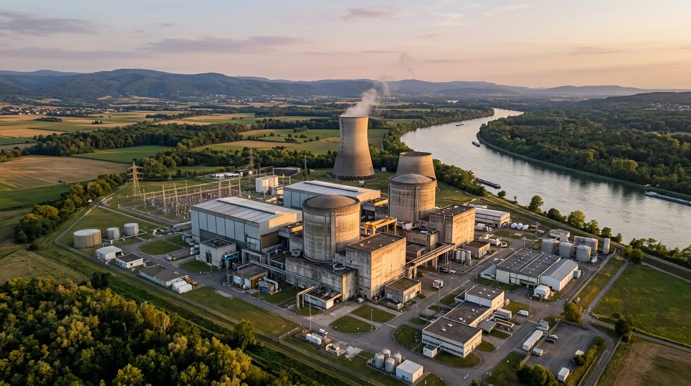 Vue aérienne d'une centrale nucléaire avec tours de refroidissement près d'un fleuve