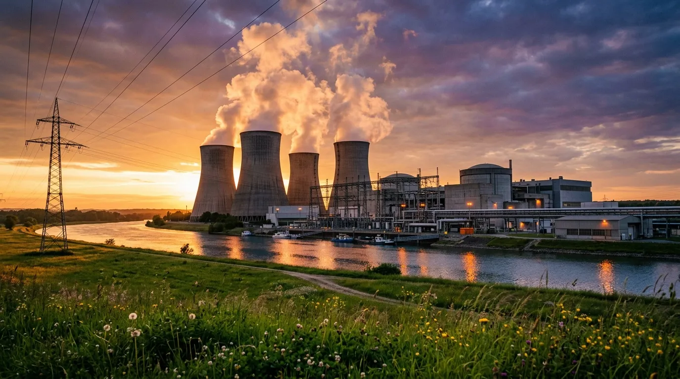 Centrale nucléaire avec tours de refroidissement au coucher du soleil