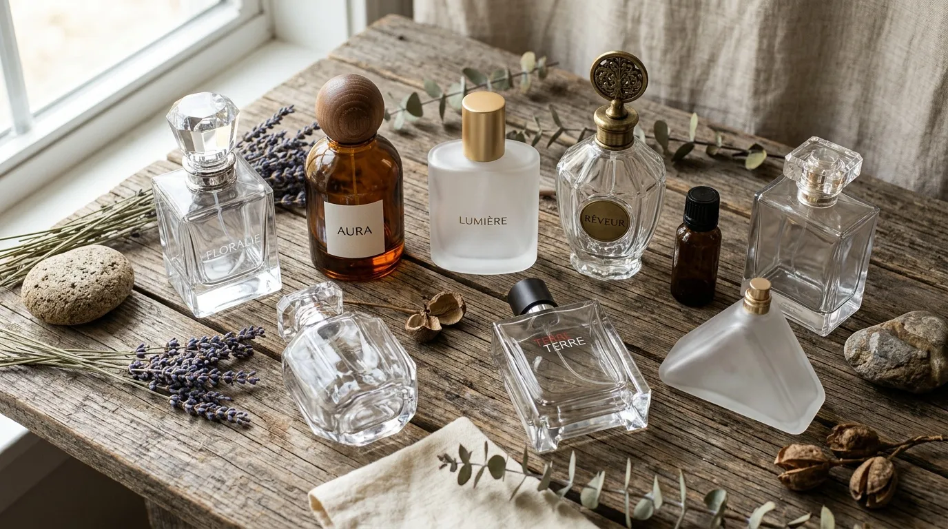Flacons de parfum luxe sur table bois avec fleurs séchées