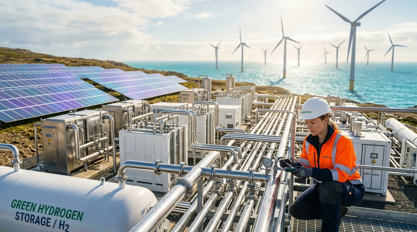 Installateur inspectant infrastructure hydrogène vert avec panneaux solaires et éoliennes marines