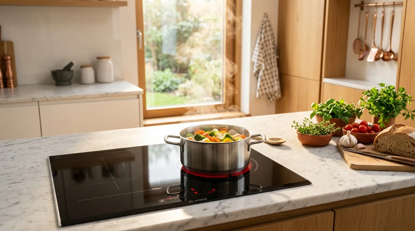 Cuisine lumineuse avec pot de légumes sur plaque induction