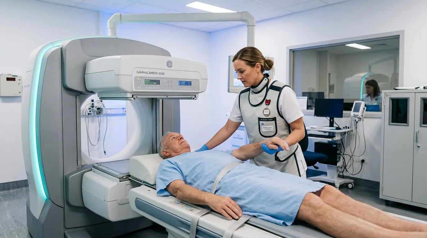 Technicienne effectue un test de diagnostic sur patient avec équipement médical