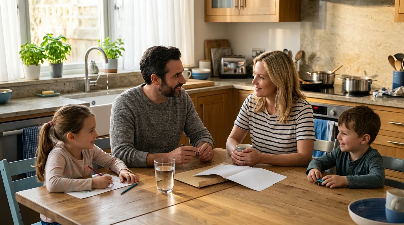 Parents et enfants assis à table de cuisine, étudiant ensemble