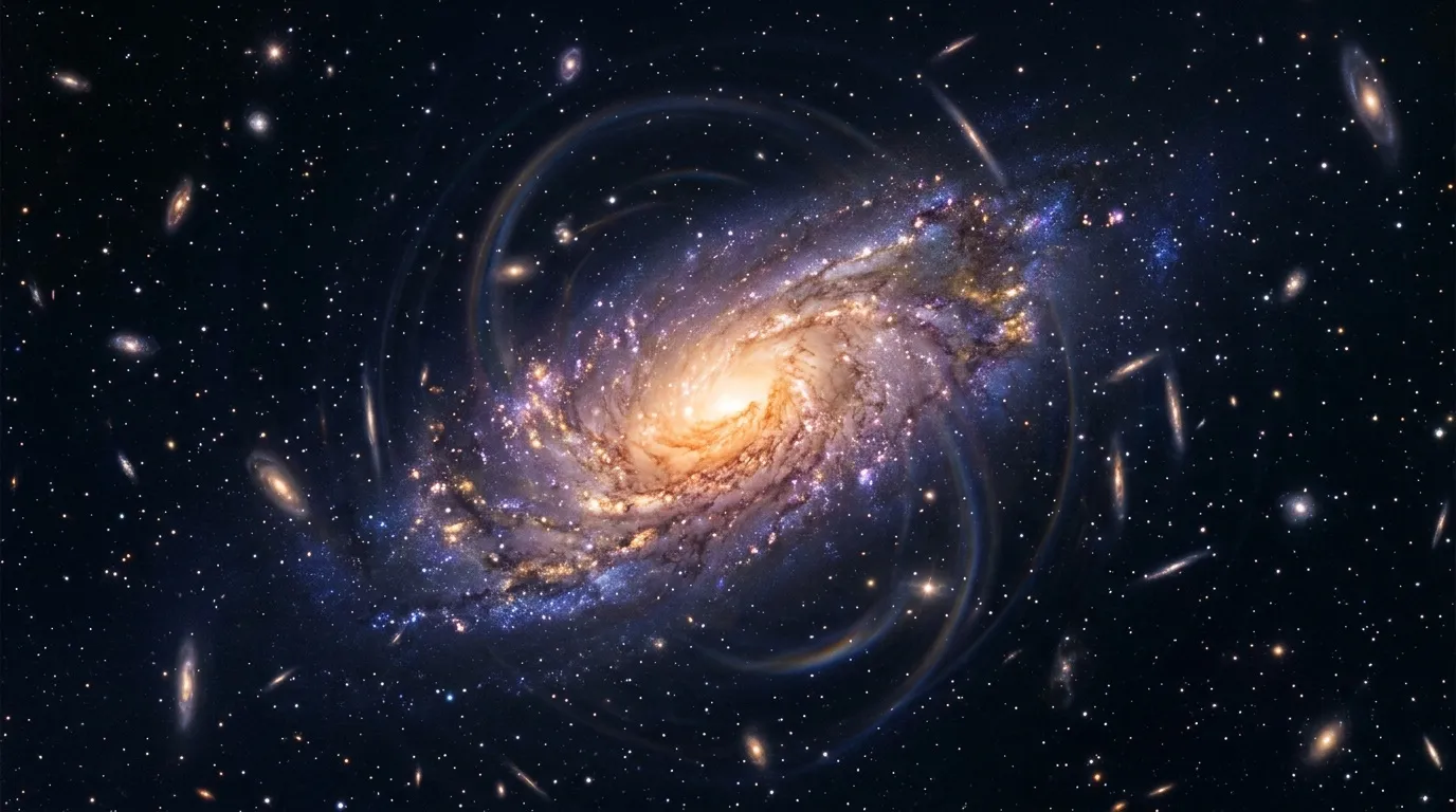 Galaxie spirale dorée entourée d'étoiles et de galaxies lointaines
