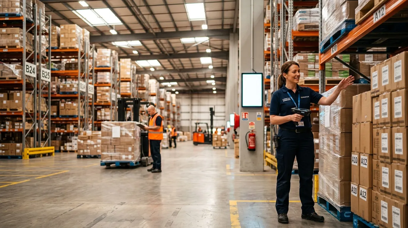 Employée scanne des colis dans un grand entrepôt de stockage