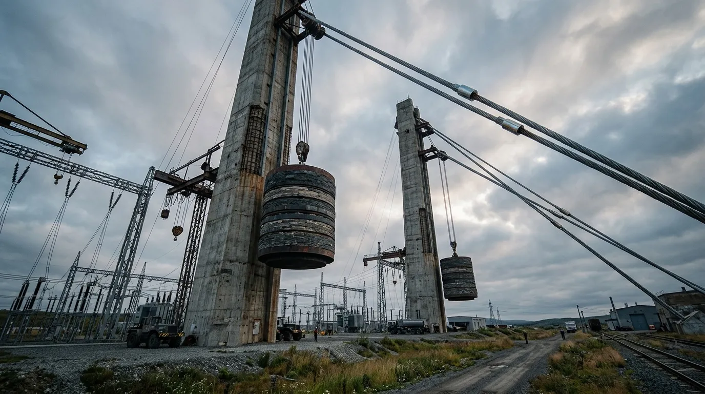 Grandes structures métalliques et câbles dans site industriel désert