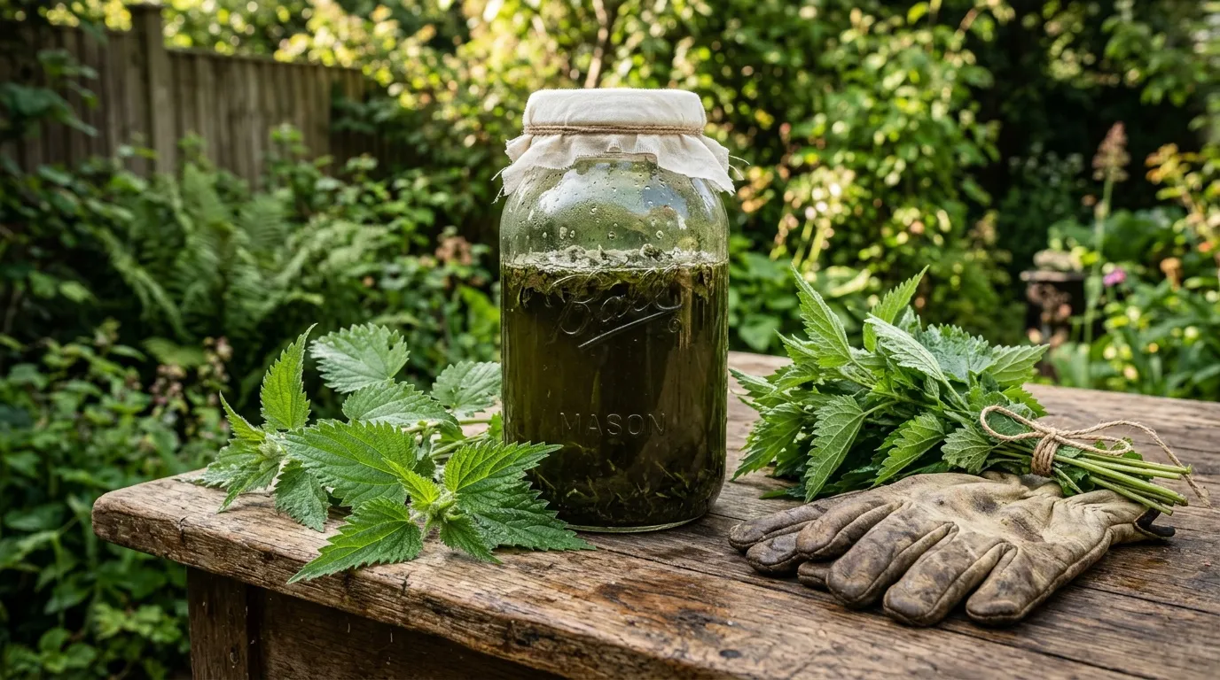 Bocal d'infusion verte avec menthe fraîche et gants de jardinage