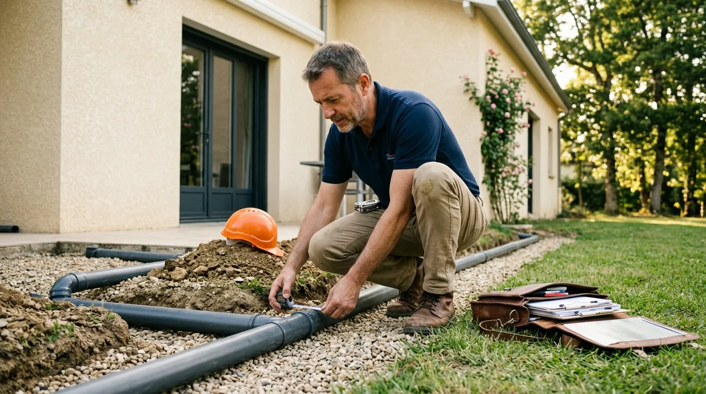 Ouvrier installe tuyauterie drainage près maison résidentielle