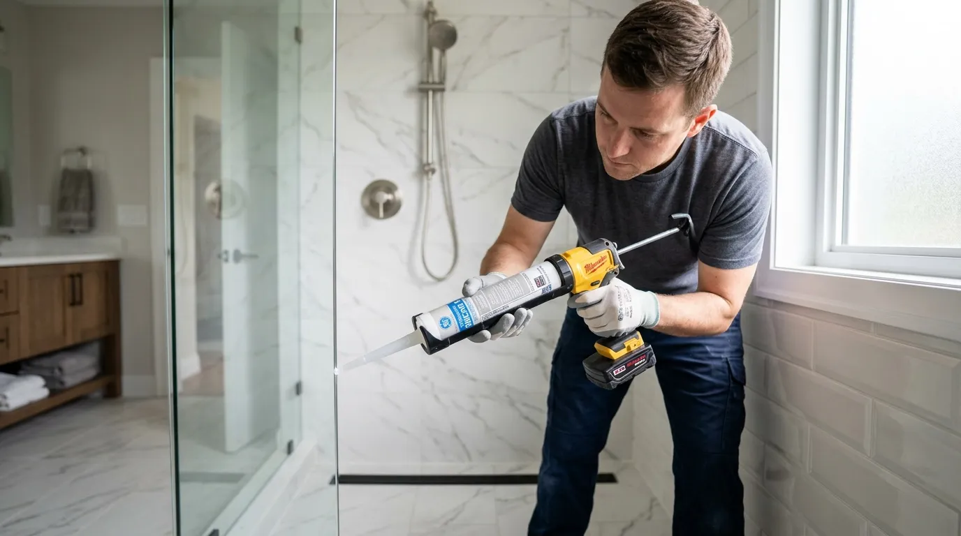 Homme appliquant du scellant avec pistolet dans salle de bain