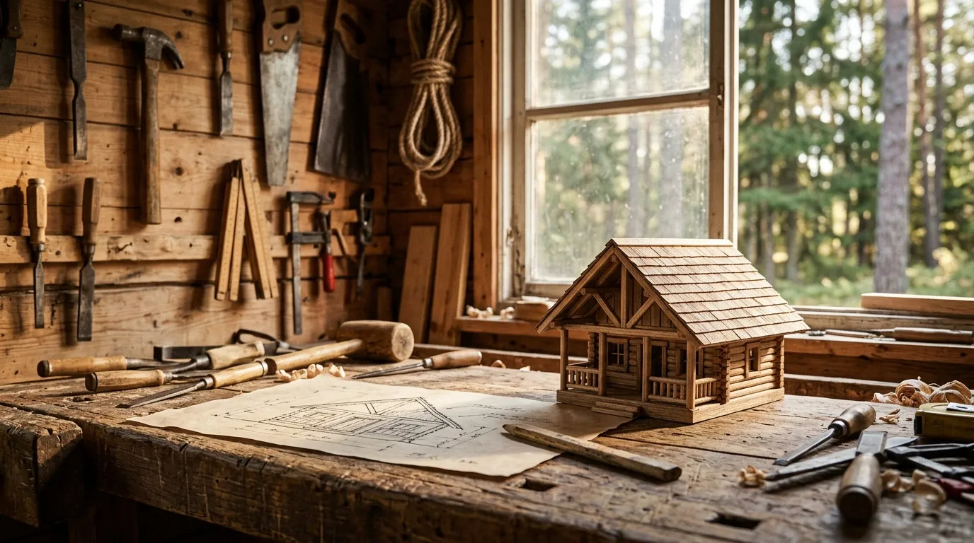 Miniature maison en bois sur établi d'artisan avec outils.