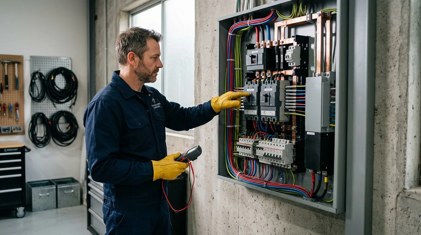 Technicien en jaune contrôlant un panneau électrique complexe
