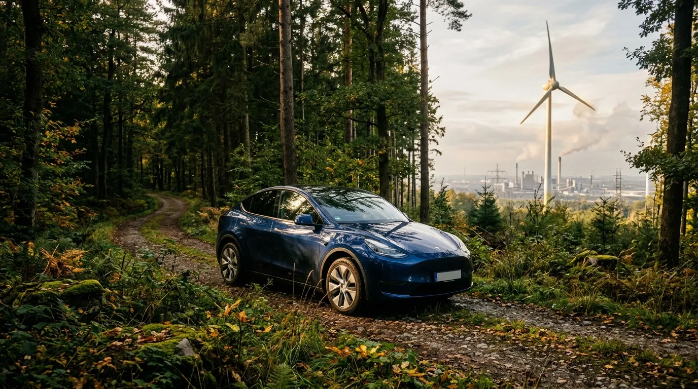 Voiture électrique bleue dans forêt avec éolienne à l'horizon