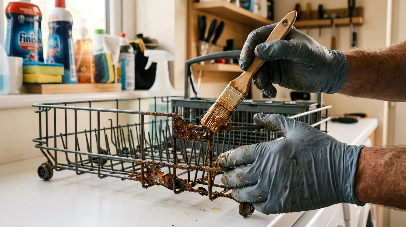 Personne nettoie un panier de lave-vaisselle avec un pinceau