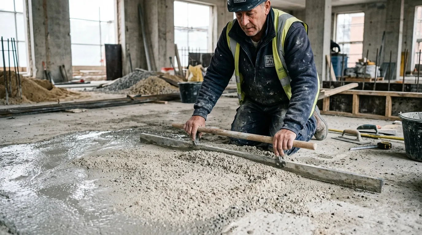 Ouvrier en gilet jaune lisse le béton sur un chantier