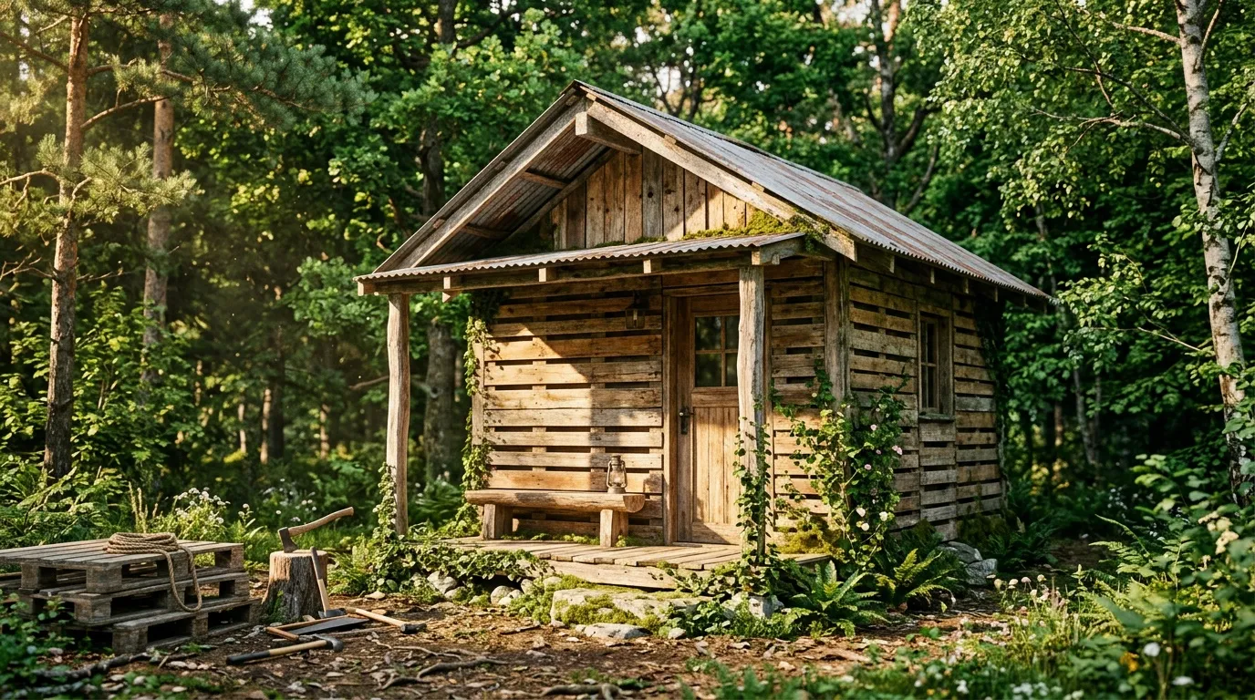 Cabane rustique en bois entourée de végétation dense