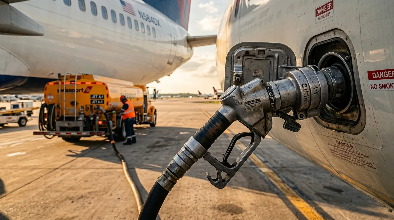 Pistolet de ravitaillement connecté à un avion de ligne à l'aéroport