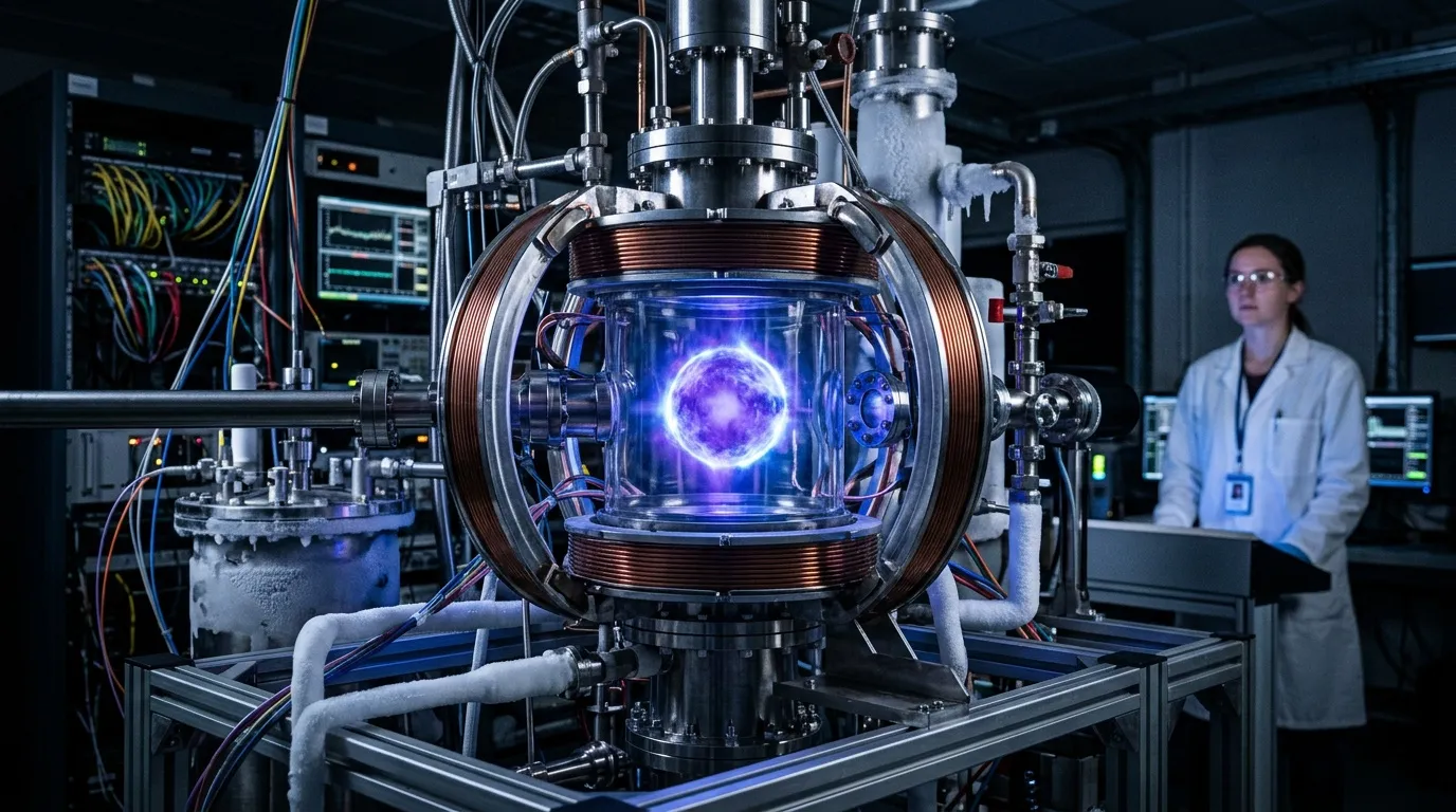 Scientifique observe un réacteur fusion avec plasma luminescent bleu