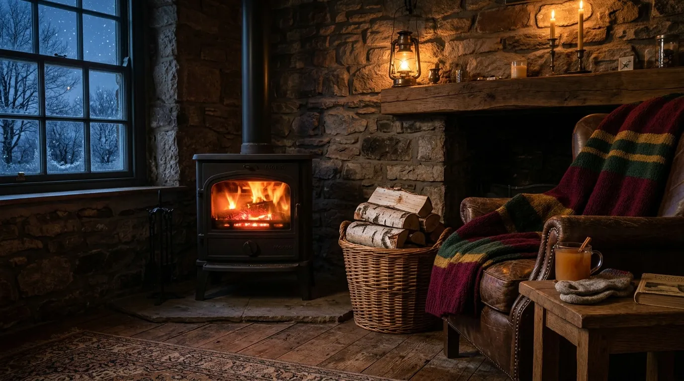 Pièce rustique avec cheminée allumée et fauteuil confortable