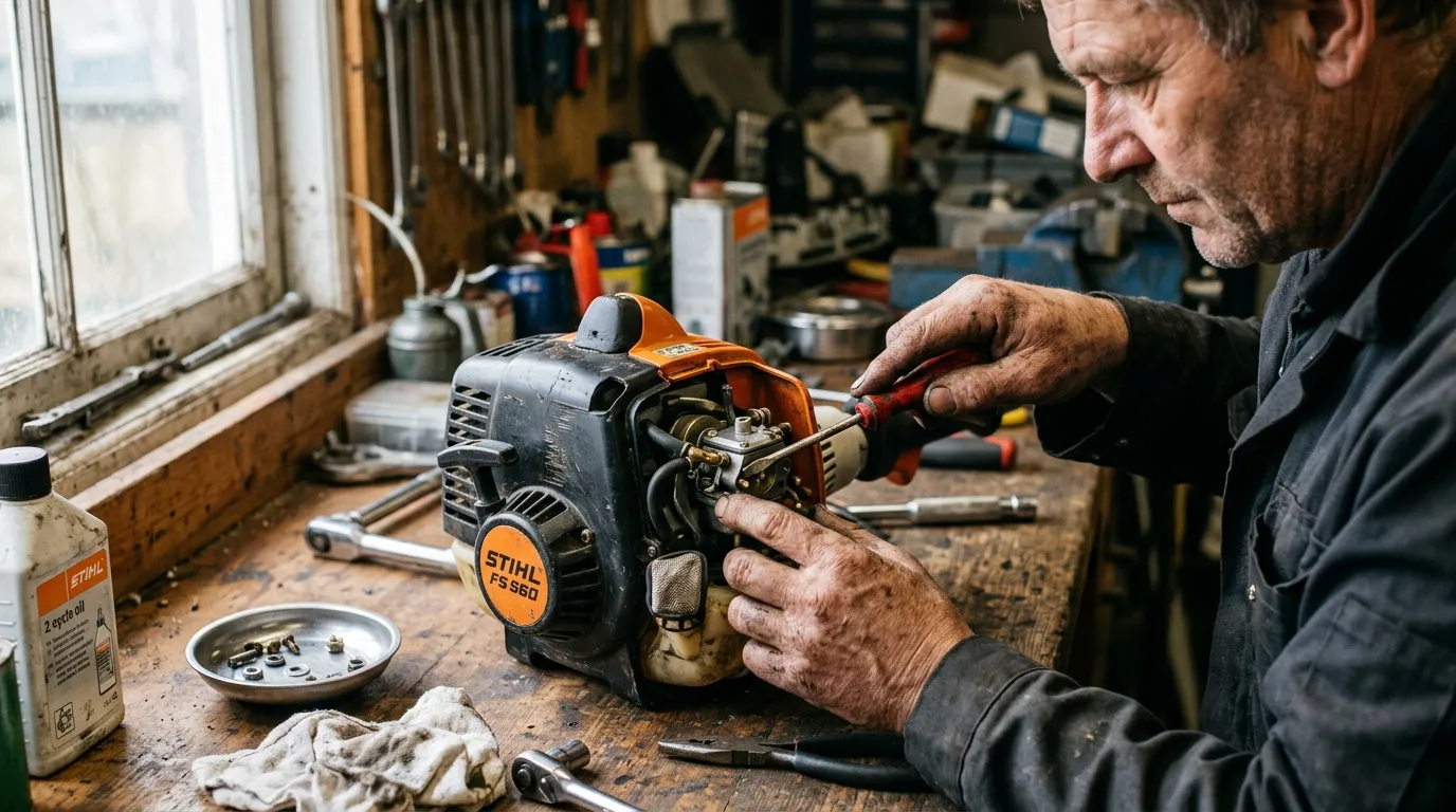 Mécanicien répare moteur tronçonneuse dans atelier