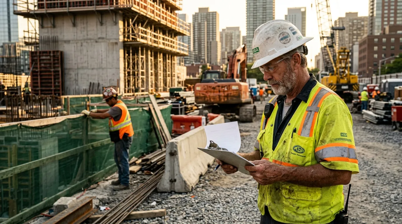 Contremaître consultant documents sur chantier construction cityscape