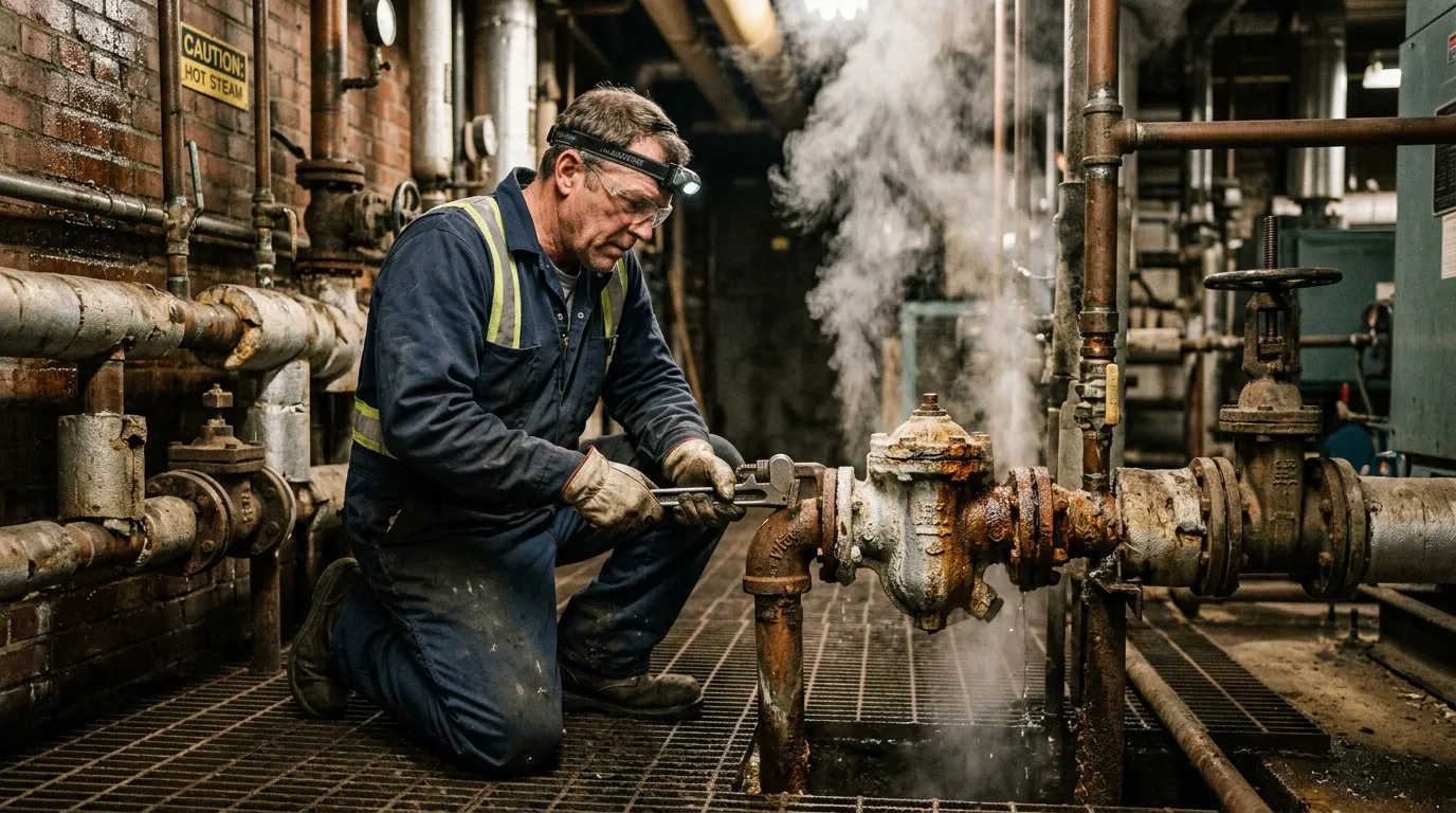 Ouvrier en tenue de sécurité répare une conduite industrielle