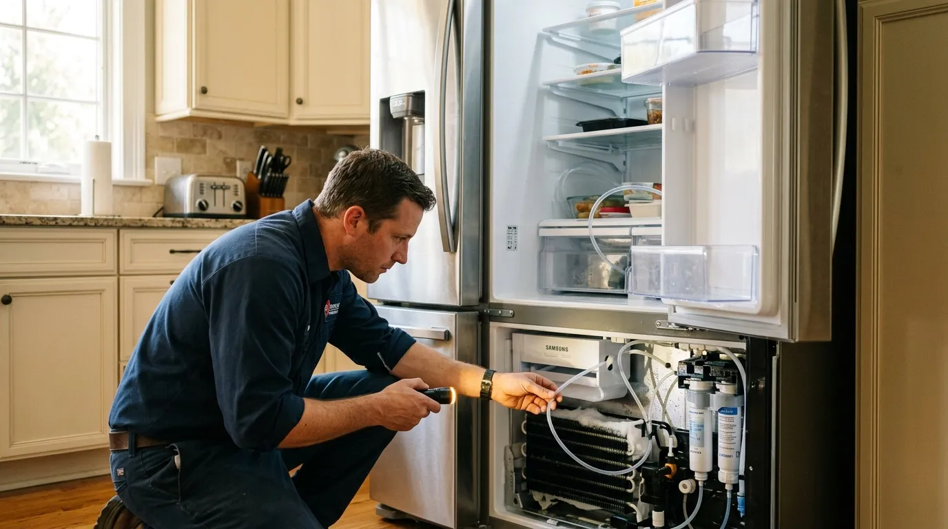 Technicien en bleu répare les composants internes d'un réfrigérateur