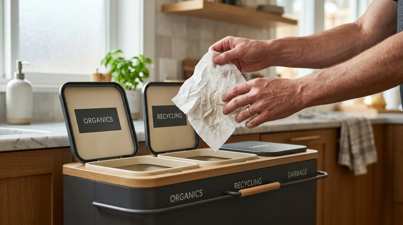 Main déposant un papier dans bac recyclage, poubelle tri sélectif