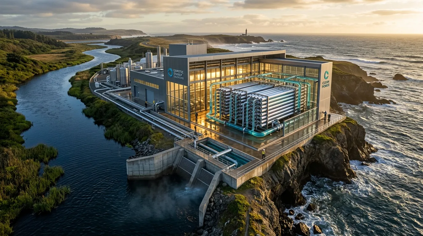 Centrale énergétique osmotique sur falaise côtière avec réservoirs cylindriques